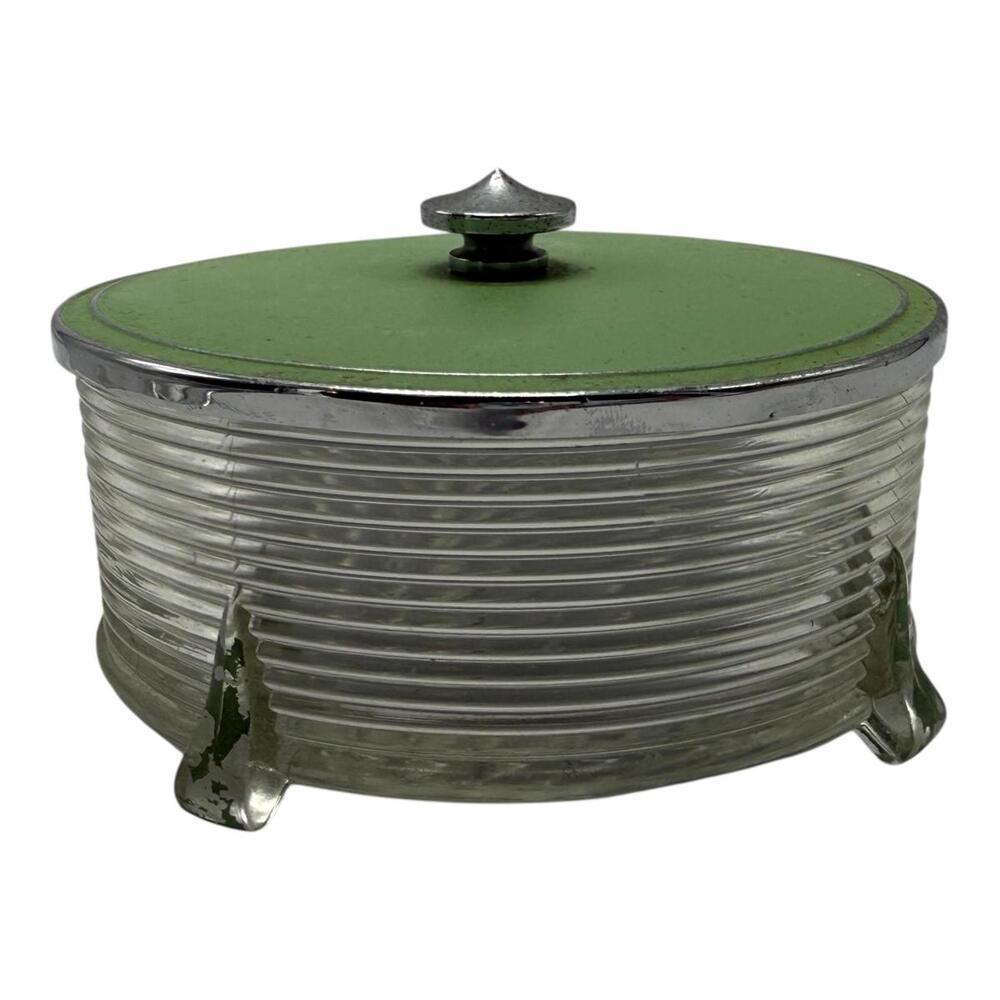 Glass Powder Jar Green Enamel Lid Glamour Never Retires